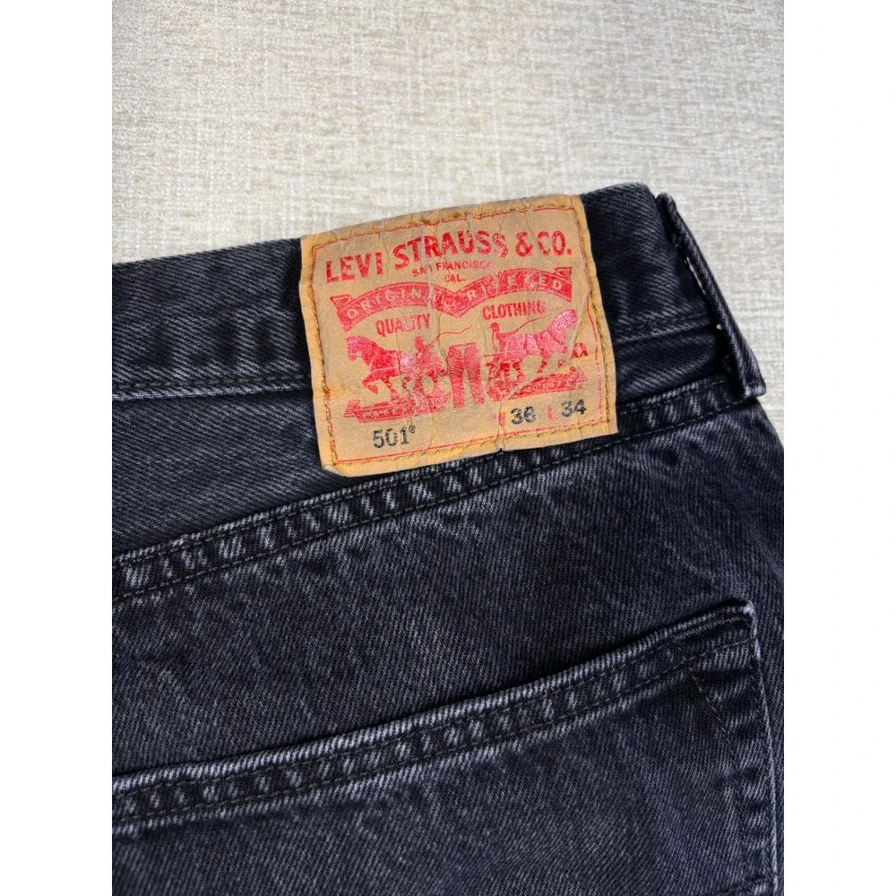 Levis 501 Jeans Mens 36x34 Y2K style Fuzzy Faded Black Denim